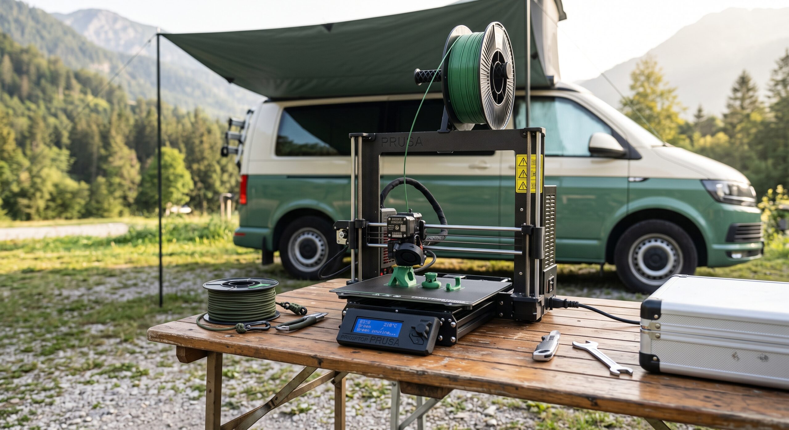 =3D‑Drucker auf einem Campingtisch druckt kleine Campingteile wie Seilstopper und Haken; Van im Hintergrund